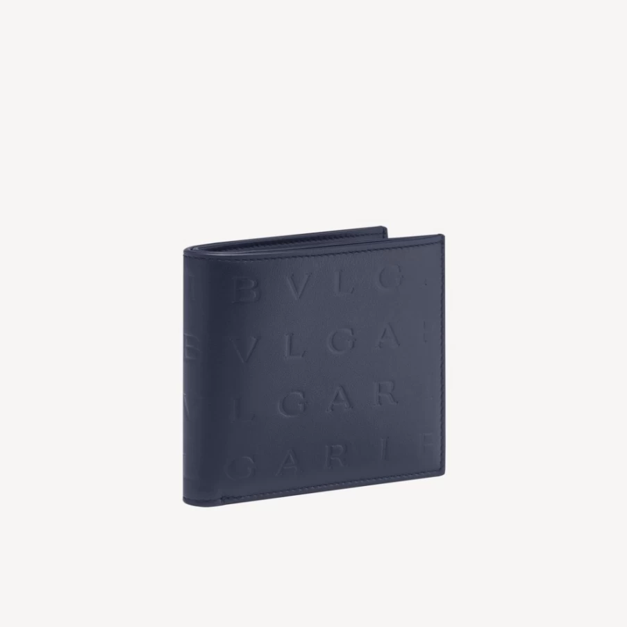BVLGARI Men's Blue Logo Infinitum Bifold Leather Wallet for Men
