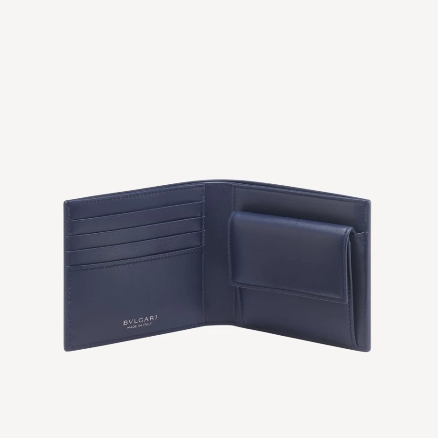 BVLGARI Men's Blue Logo Infinitum Bifold Leather Wallet for Men