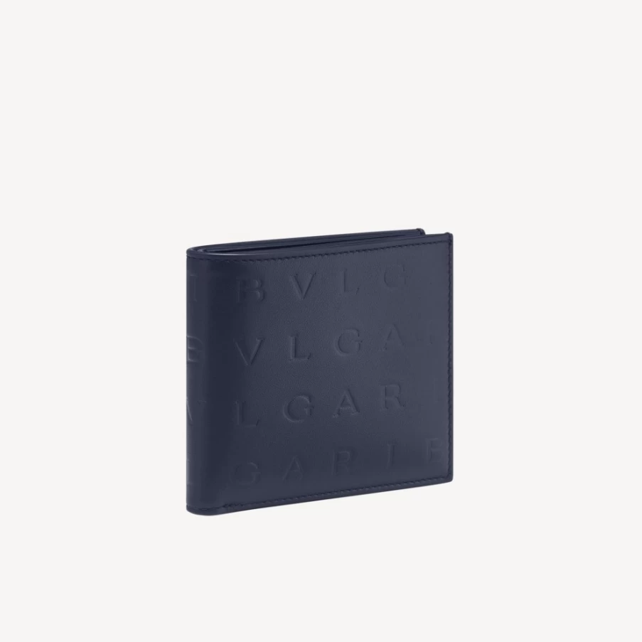 BVLGARI Men's Blue Logo Infinitum Bifold Leather Wallet for Men