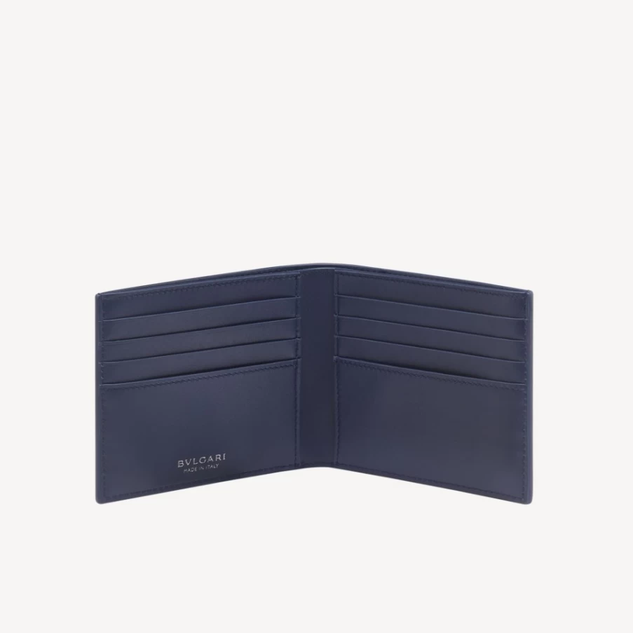 BVLGARI Men's Blue Logo Infinitum Bifold Leather Wallet for Men