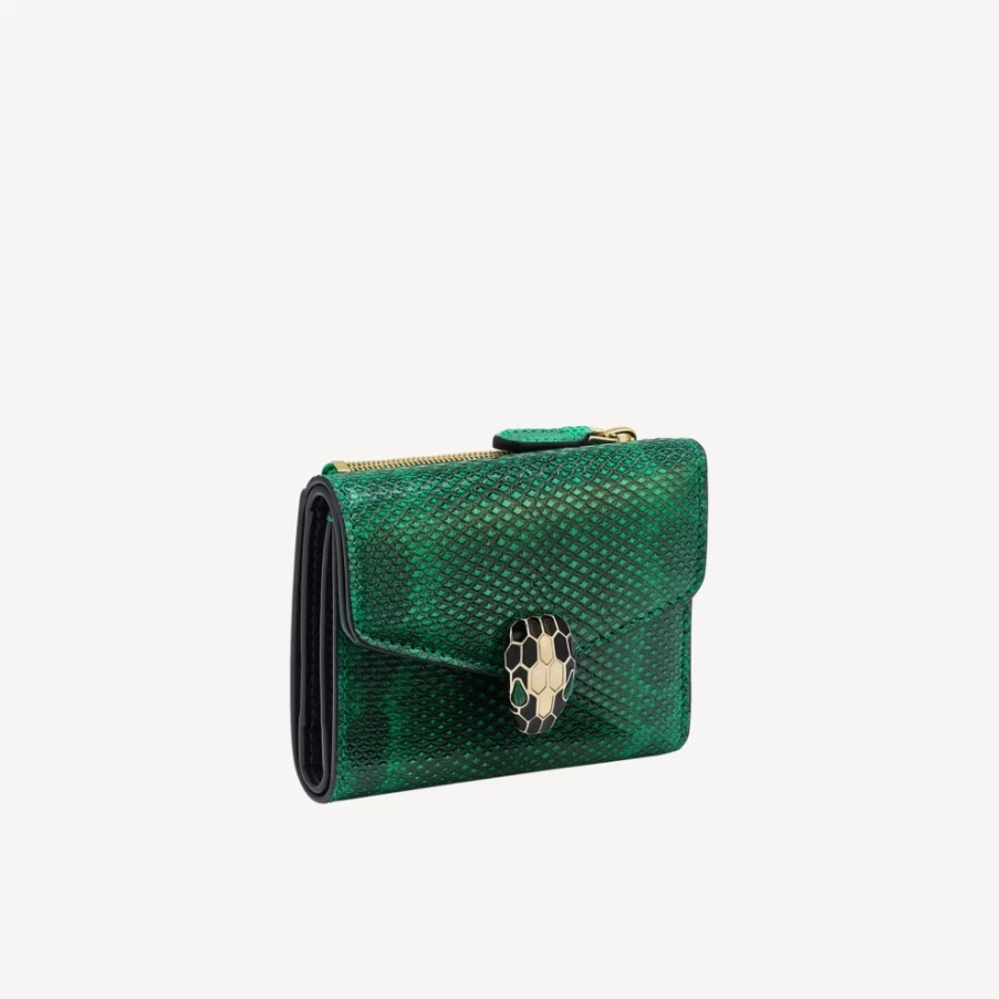 BVLGARI Serpenti Forever Green Trifold Wallet for Women | Luxury Leather Wallet