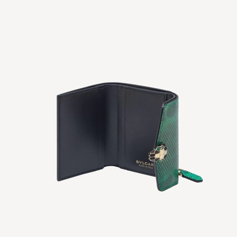 BVLGARI Serpenti Forever Green Trifold Wallet for Women | Luxury Leather Wallet