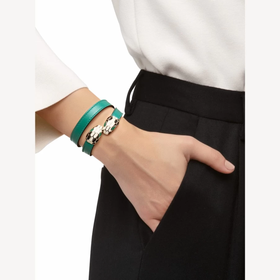 BVLGARI Serpenti Forever Green Leather Bracelet for Women