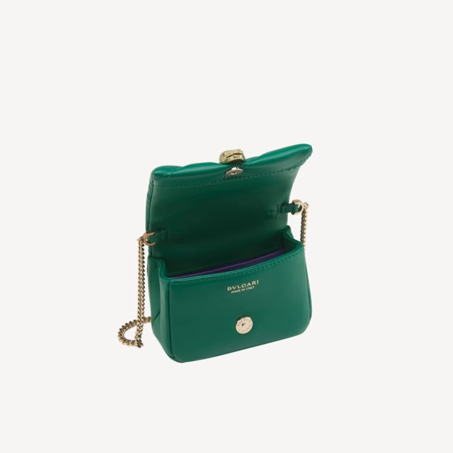 BVLGARI Serpenti Cabochon Green Micro Bag for Women | Luxury Leather Crossbody Clutch