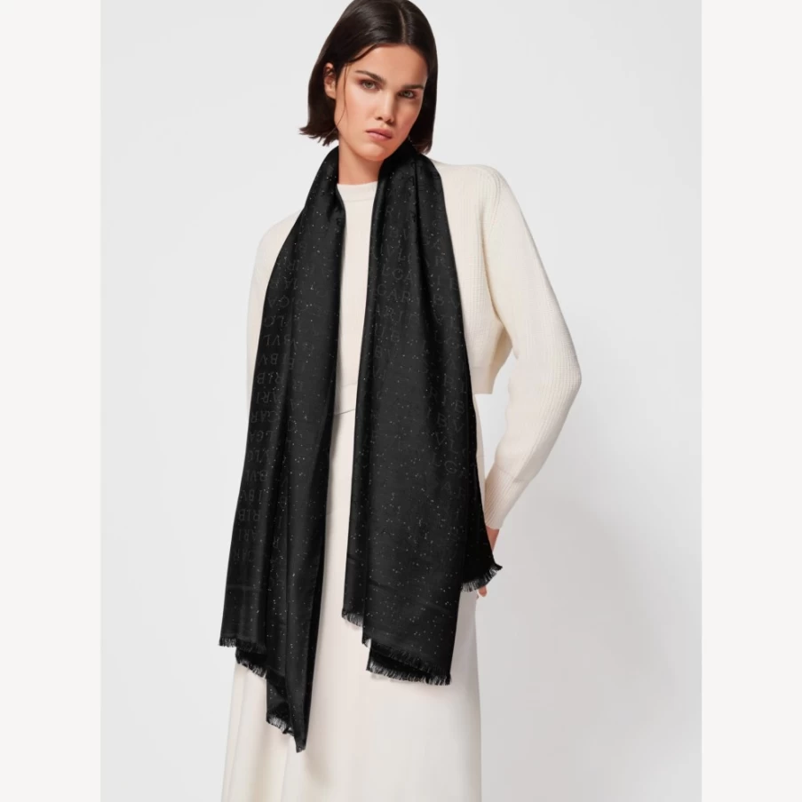 BVLGARI Women's Black Logomania Stole - Luxury Cashmere Scarf with Iconic Logo Design