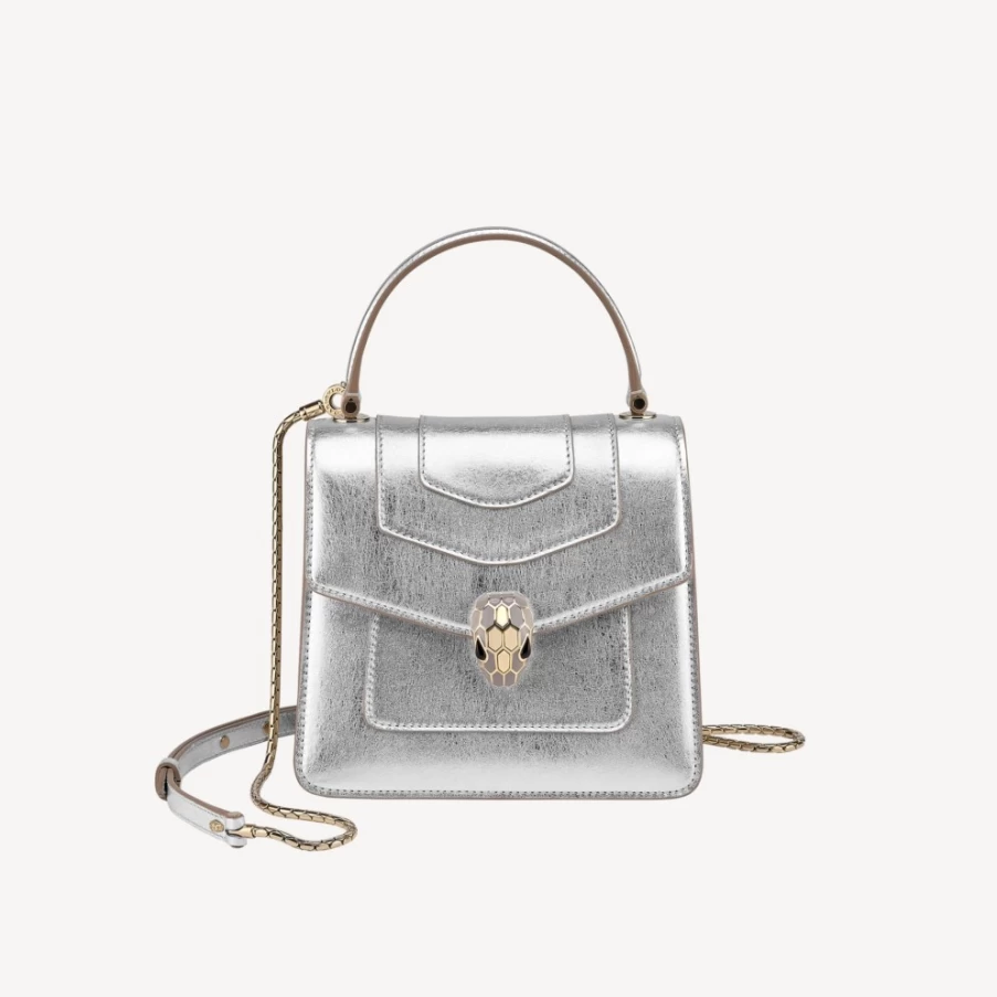 BVLGARI Serpenti Forever Top Handle Bag in Silver for Women | Luxury Designer Handbag