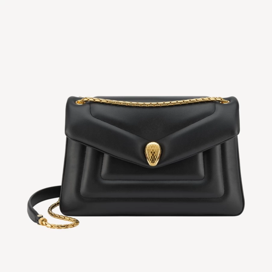 BVLGARI Serpenti Black Leather Reverse Shoulder Bag for Women
