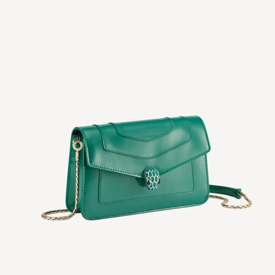BVLGARI Serpenti Forever Green Chain Wallet for Women | Luxury Leather Crossbody Bag