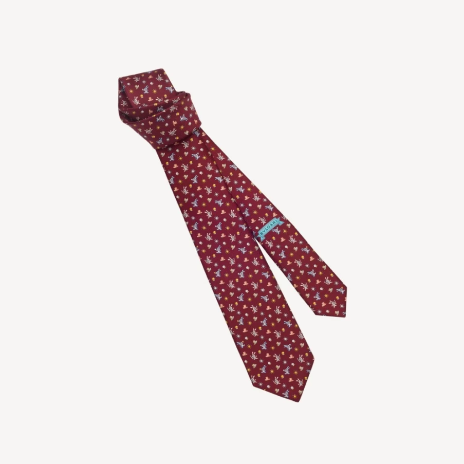 BVLGARI Men's Bordeaux Color Pictorial Silk Tie – Luxury Designer Necktie