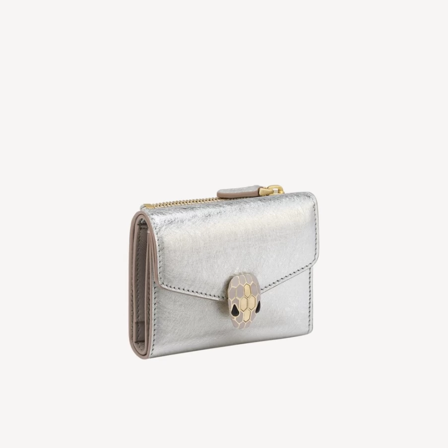 BVLGARI Serpenti Forever Women's Silver Trifold Wallet | Luxury Leather Wallet for Women
