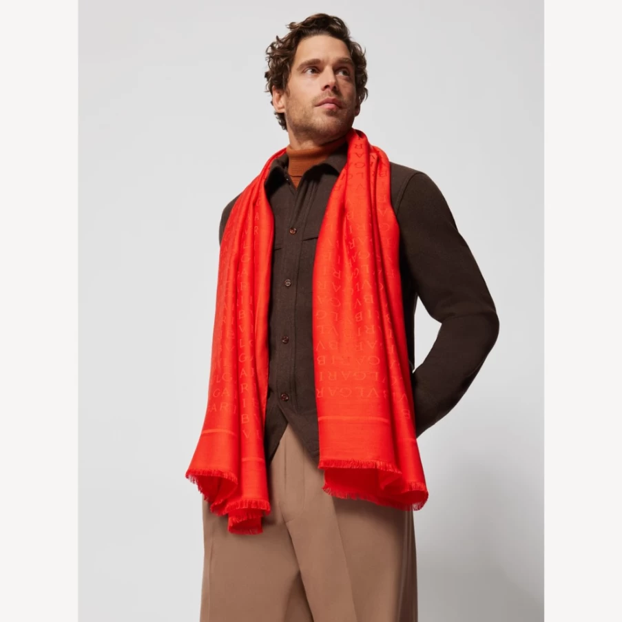 BVLGARI Men's Orange Logomania Stole Luxury Cashmere Scarf